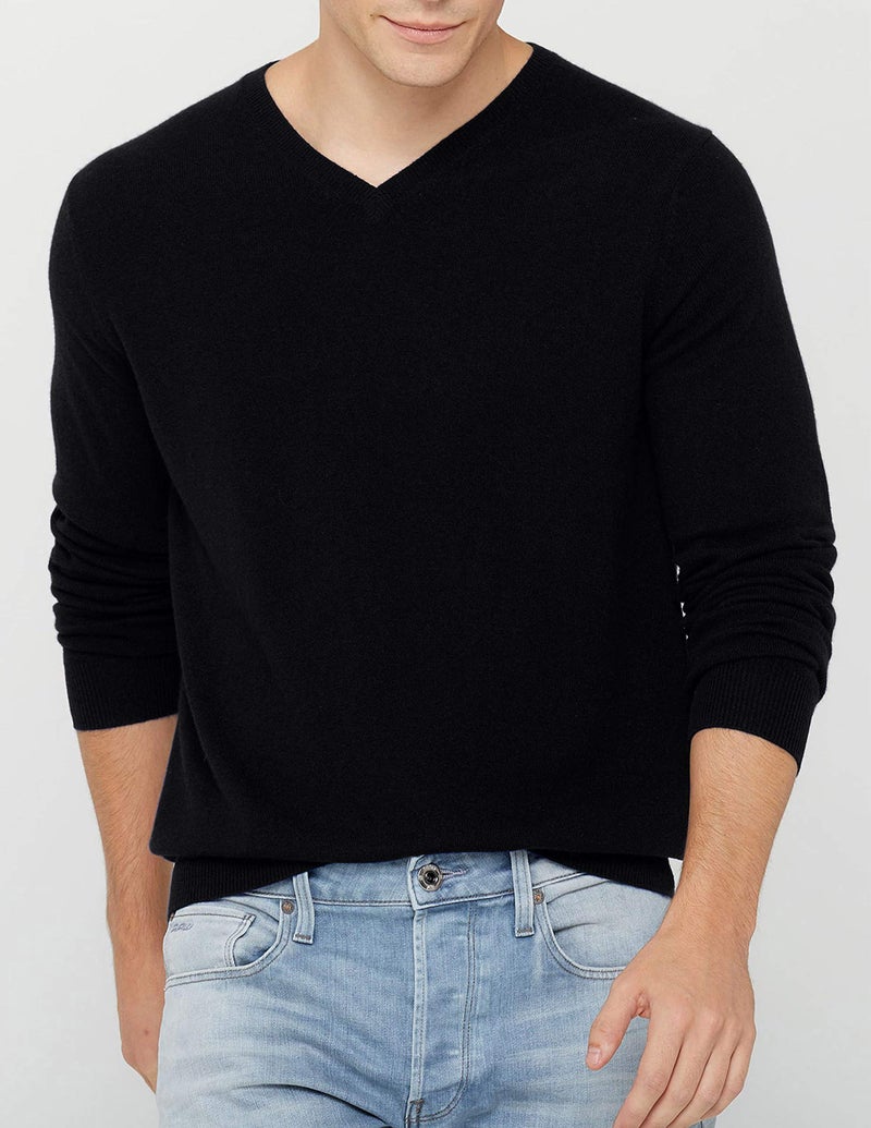 State Cashmere Men's Essential V-Neck Sweater 100% Pure Cashmere Classic Long Sleeve Pullover (Black, XX-Large) - Image 2